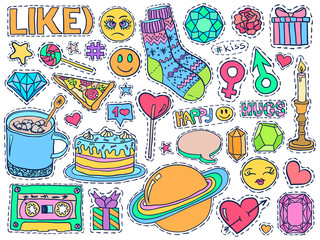 Patch badges set. Trendy modern doodles. Funny sketches. Stickers. Food and drink. Hipster. Network. Cartoon. Quirky. Social media messages. Emoticons. College doodles. Social media.