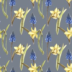 Hand painted watercolor floral pattern seamless blue grape hyacinth yellow daffodils narcissus dark blue background - 203384799
