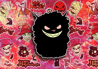 Obraz premium Cartoon halloween illustration set of diverse evil bizarre creatures and characters, vampires, zombies, monsters, imps, evil mascots