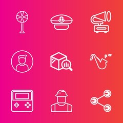 Premium set with outline vector icons. Such as object, engineer, retro, bugle, profile, electric, record, person, ventilator, hat, navy, builder, sign, trend, trumpet, finance, cooler, social, boat