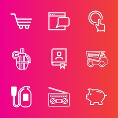 Premium set with outline vector icons. Such as tipper, office, retail, website, button, safety, equipment, store, weapon, online, audio, web, money, contact, grenade, address, click, sound, coin, cart