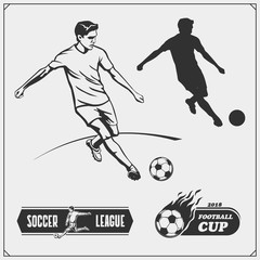 Set of vector football emblems, labels and design elements. Football player silhouettes.