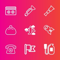 Premium set with outline vector icons. Such as bag, cell, bugle, sound, emergency, jazz, nation, flight, astronomy, tape, national, nuclear, old, night, telescope, airplane, bomb, fire, america, home