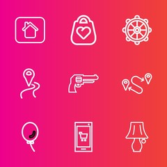 Premium set with outline vector icons. Such as app, bulb, point, style, location, modern, position, bag, air, background, window, architecture, house, map, table, handgun, rudder, destination, gun