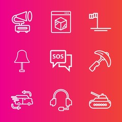 Premium set with outline vector icons. Such as internet, shipping, service, delivery, tank, microphone, emergency, baja, technology, crane, beach, support, music, business, gun, safety, retro, mexico