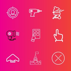 Premium set with outline vector icons. Such as barbecue, construction, bbq, group, marketing, concept, castle, targeting, sign, equipment, tower, female, businessman, market, button, target, modern