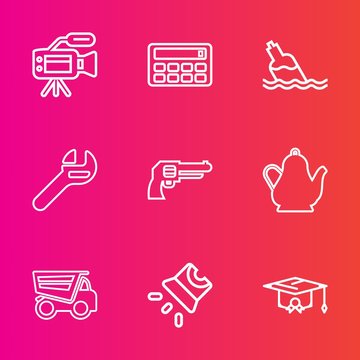 Premium Set With Outline Vector Icons. Such As Liquid, Spanner, Camera, Lens, Projector, Dump, Digital, Clean, Graduation, Pistol, Calculator, Tool, Kettle, Gun, Tipper, University, Truck, Media, Tea