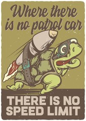 T-shirt or poster design with illustrated turtle on the rocket