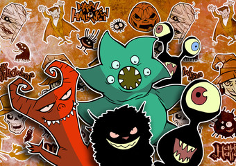 Fototapeta na wymiar Cartoon halloween illustration set of diverse evil bizarre creatures and characters, vampires, zombies, monsters, imps, evil mascots