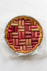 Rhubarb pie, cake, tart. Isolated. Different color of backgrounds.