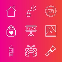 Premium set with outline vector icons. Such as technology, property, modern, style, sky, estate, forbidden, clock, extreme, picture, blank, quad, bag, profile, leather, telescope, london, internet