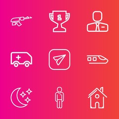 Premium set with outline vector icons. Such as message, boy, male, award, army, sky, house, man, rifle, email, employer, first, winner, transportation, train, building, railway, medical, web, black