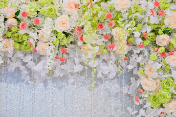 wedding flower decoration, flower backdrop background, rose wall, white rose,  colorful background, fresh rose