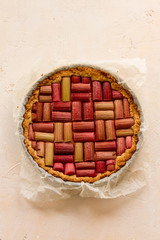 Rhubarb pie, cake, tart. Isolated. Different color of backgrounds.