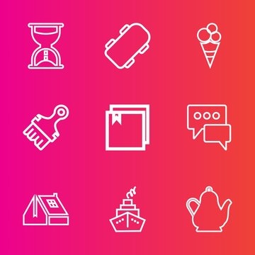 Premium set with outline vector icons. Such as sweet, drink, street, strawberry, skateboarder, skateboard, cream, time, skate, kettle, paint, sand, hot, paintbrush, construction, hour, speech, style,
