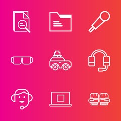 Premium set with outline vector icons. Such as profile, microphone, sign, internet, sunglasses, sport, zoom, fashion, call, open, bag, audio, magnify, magnifying, travel, music, voice, boxing, headset