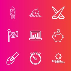 Fototapeta premium Premium set with outline vector icons. Such as marine, flag, light, equipment, investment, watch, blue, water, nature, wildlife, clock, computer, landscape, spotlight, graphic, america, sun, timer, uk