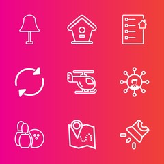 Premium set with outline vector icons. Such as house, communication, screen, lamp, sport, electricity, movie, ball, birdhouse, video, projection, transport, pin, white, illumination, bowling, light