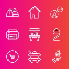 Premium set with outline vector icons. Such as paper, work, window, estate, roof, architecture, service, real, infographic, exterior, sign, business, white, cart, freelance, shop, building, modern