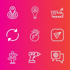 Premium set with outline vector icons. Such as speed, location, transportation, center, refresh, reload, drill, gps, point, sign, button, locomotive, equipment, way, train, rail, track, hand, work