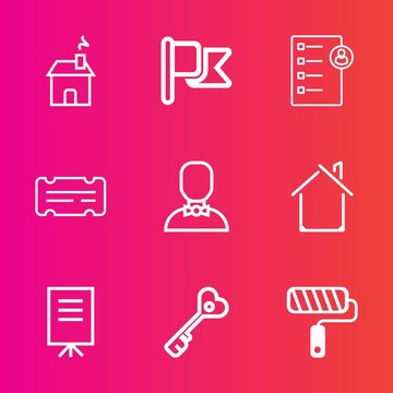 Premium set with outline vector icons. Such as internet, property, usa, banner, presentation, nation, flag, door, tool, brush, red, key, paint, security, business, house, new, estate, checklist, home