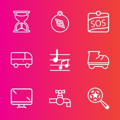 Premium set with outline vector icons. Such as white, sink, search, label, sand, speed, find, display, sound, direction, roller, time, bathroom, travel, musical, magnifying, sos, screen, beautiful