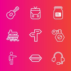 Premium set with outline vector icons. Such as technology, sea, vessel, bun, perfume, business, beauty, sound, microphone, boat, style, rock, ship, musical, burger, bag, arrow, way, pump, leather, tin