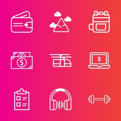 Premium set with outline vector icons. Such as transportation, workout, chain, fitness, technology, gym, checklist, pay, wallet, currency, sky, check, sound, panorama, screen, train, bag, mountain