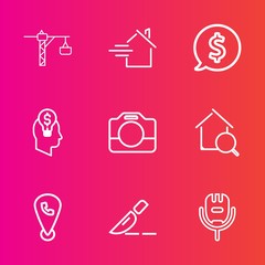 Premium set with outline vector icons. Such as mobile, film, music, mortgage, label, house, home, map, clinic, business, location, operation, idea, hammer, buy, frame, camera, karaoke, phone, online