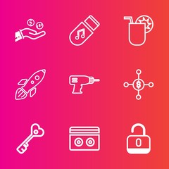 Premium set with outline vector icons. Such as audio, money, ice, investment, party, coin, tape, key, currency, sign, dollar, sound, drink, storage, cash, security, drill, data, shuttle, door, banking