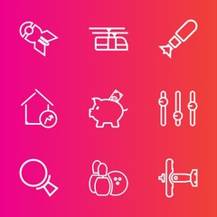 Premium set with outline vector icons. Such as explosion, finance, railway, cable, market, military, business, sky, search, real, magnifying, game, price, bomb, sport, find, equality, bowling, plane