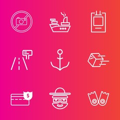 Premium set with outline vector icons. Such as cash, bank, sport, marine, flipper, happy, money, weapon, wheel, package, delivery, street, navy, forbidden, traffic, war, tag, business, shipment, ocean