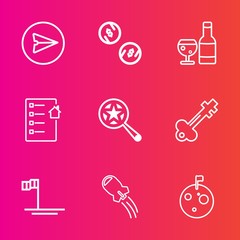 Premium set with outline vector icons. Such as alcohol, ocean, mexico, house, contract, smartphone, technology, beach, red, blue, business, email, finance, glass, money, phone, find, old, key, planet