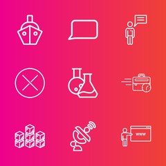 Premium set with outline vector icons. Such as shipping, laboratory, transportation, industrial, global, boat, warehouse, water, chat, delete, technology, chatting, web, sitting, person, social, sea