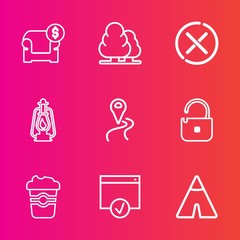 Premium set with outline vector icons. Such as coffee, price, green, adventure, travel, lantern, protection, modern, vintage, camp, lamp, cup, business, mug, road, retail, trunk, tree, outdoor, nature