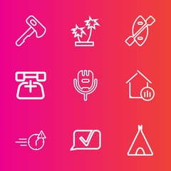 Premium set with outline vector icons. Such as chat, communication, microphone, office, real, boat, telephone, property, nature, repair, song, phone, tree, voice, business, construction, summer, saw