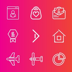 Premium set with outline vector icons. Such as object, envelope, plane, bag, right, leather, white, first, background, letter, sign, house, pie, mail, place, fashion, person, business, style, military
