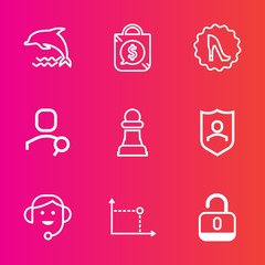 Premium set with outline vector icons. Such as computer, discount, office, center, shop, marine, horse, lock, geometry, account, business, elegance, frame, sign, call, strategy, price, market, unlock