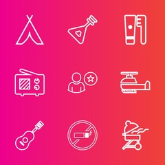 Premium set with outline vector icons. Such as instrument, musical, music, no, tent, wooden, clean, tobacco, communication, signal, addiction, helicopter, nature, landscape, hygiene, barbecue, concert