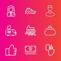 Premium set with outline vector icons. Such as internet, fire, concept, ship, search, vessel, work, television, ocean, sea, avatar, find, man, office, web, style, cargo, cigarette, coin, recruitment
