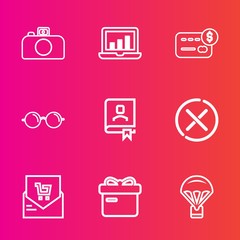 Premium set with outline vector icons. Such as office, data, present, bill, camera, list, jump, money, contact, eyesight, parachute, digital, bar, book, glasses, ribbon, computer, film, chart, sky, no