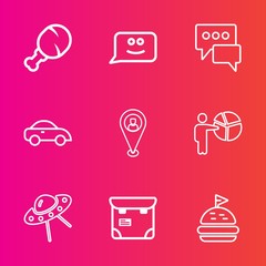 Premium set with outline vector icons. Such as space, transportation, car, snack, business, smile, vehicle, meat, people, meal, food, restaurant, emotion, tomato, chicken, pretty, professional, travel