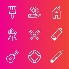 Premium set with outline vector icons. Such as wealth, grunge, inflatable, house, bbq, property, paddle, dollar, summer, real, oar, home, hand, musical, building, architecture, guitar, water, pen