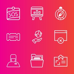 Premium set with outline vector icons. Such as blank, card, hotel, page, compass, folder, west, id, coupon, office, banner, life, business, box, travel, information, rescue, chart, cargo, package, sos