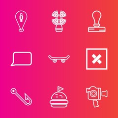 Premium set with outline vector icons. Such as camera, map, sea, skateboard, sign, paper, food, tomato, bread, travel, web, talk, handle, lighthouse, extreme, hook, location, bubble, envelope, video