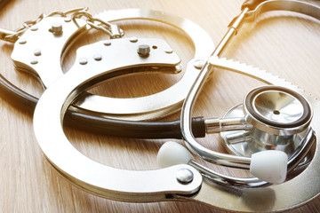 Handcuffs and stethoscope. Medical negligence concept.