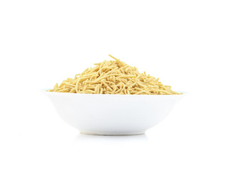 Indian Namkeen Food Aloo Sev also know as namkin and nimco a popular crisp savory snack made from mashed potatoes, chickpea flour and spices. isolated on white background