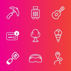 Premium set with outline vector icons. Such as utensil, money, food, cream, tourism, machinery, engineering, map, heavy, navigation, picking, crane, finance, dessert, location, landscape, building