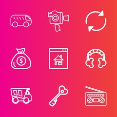 Fototapeta premium Premium set with outline vector icons. Such as traffic, transportation, financial, dumper, key, technology, dump, music, video, truck, professional, move, left, movie, arrow, money, car, finance, sign