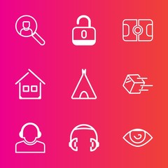 Premium set with outline vector icons. Such as online, architecture, search, unlock, soccer, building, body, football, tent, internet, website, lock, adventure, equipment, service, business, safety